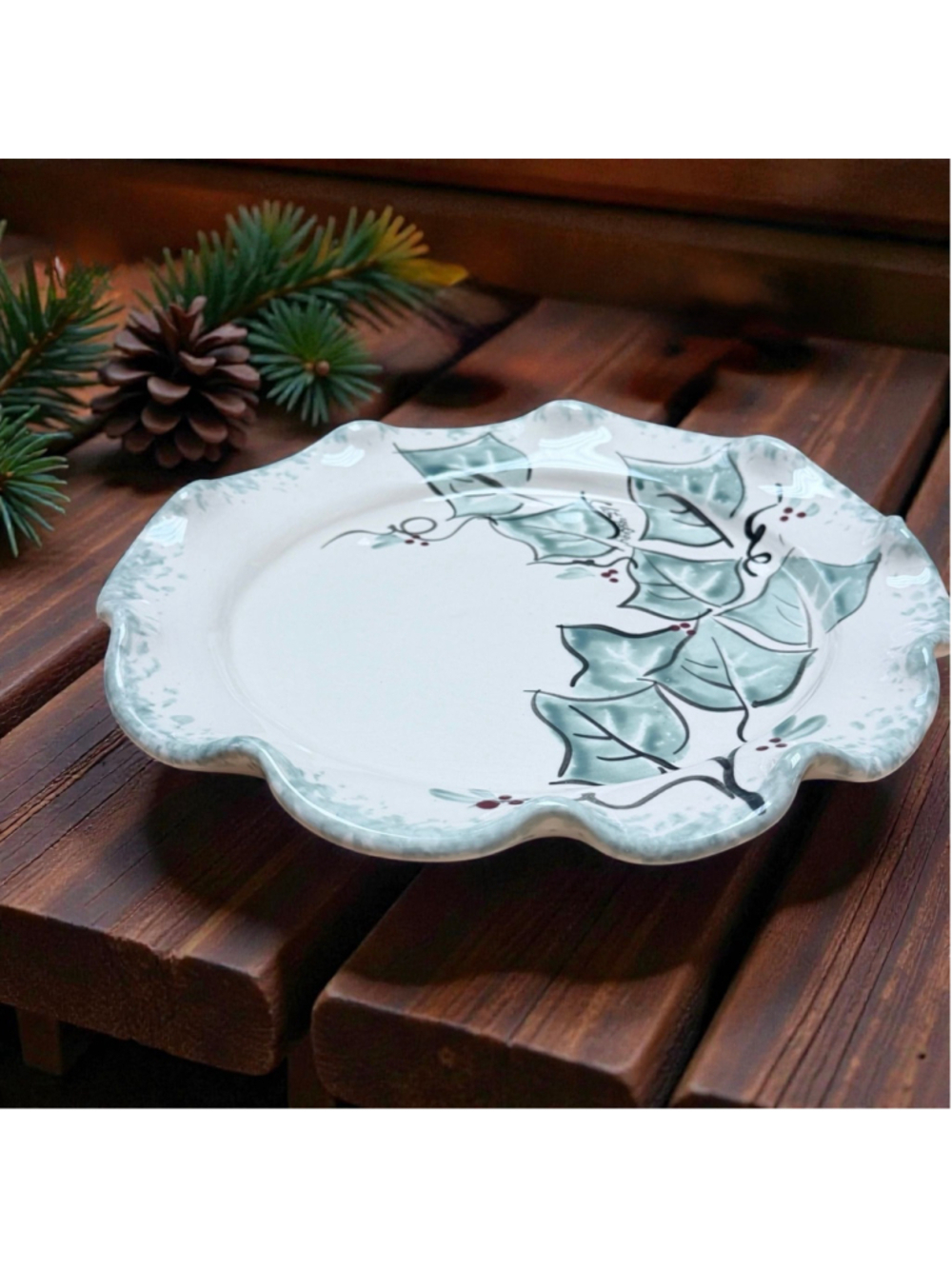 Vintage Ellis Pottery Holly Plate Texas Handmade Stoneware Hand-Painted Pottery